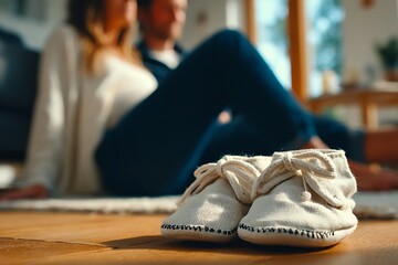 A pair of small baby shoes rests on a wooden floor in the foreground, with an expectant couple blurred in the background, symbolizing pregnancy and new parenthood.