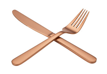 Copper fork and knife crossed isolated on transparent background, elegant cutlery set PNG