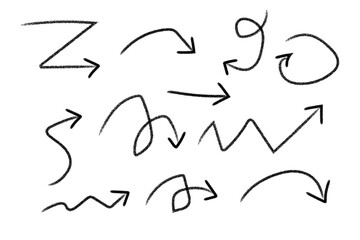 Collection of hand-drawn arrows various shapes styles showing direction and movement on