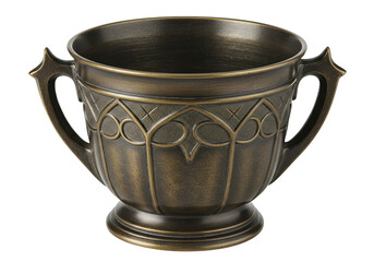 Ornate bronze goblet isolated on white, decorative metal cup with handles for beverages