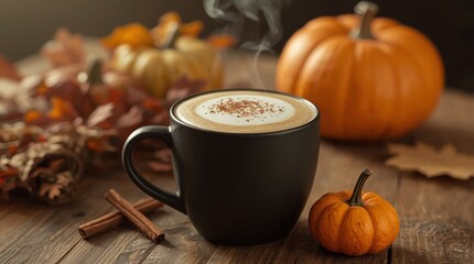  Hot pumpkin spice beverage in a black mug on a rustic wooden table.