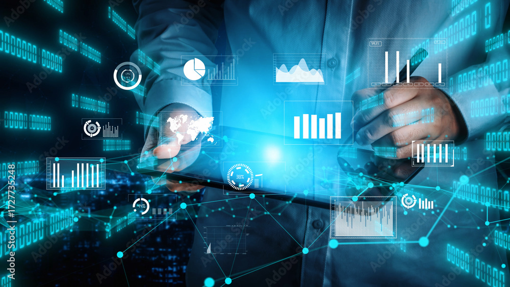 Poster a business professional engages with digital technology, analyzing data trends on a tablet. the imag
