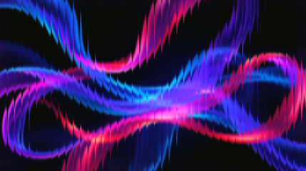 Vibrant neon abstract waves of blue and pink light swirling dynamically against a dark background creating a futuristic energetic visual