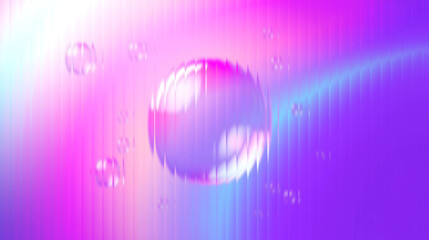 Experience vibrant, abstract liquid drops shimmering with iridescent light on a futuristic, glowing gradient backdrop