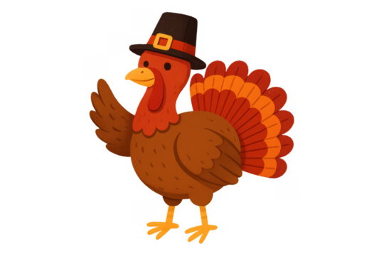 Cute cartoon turkey bird wearing pilgrim hat