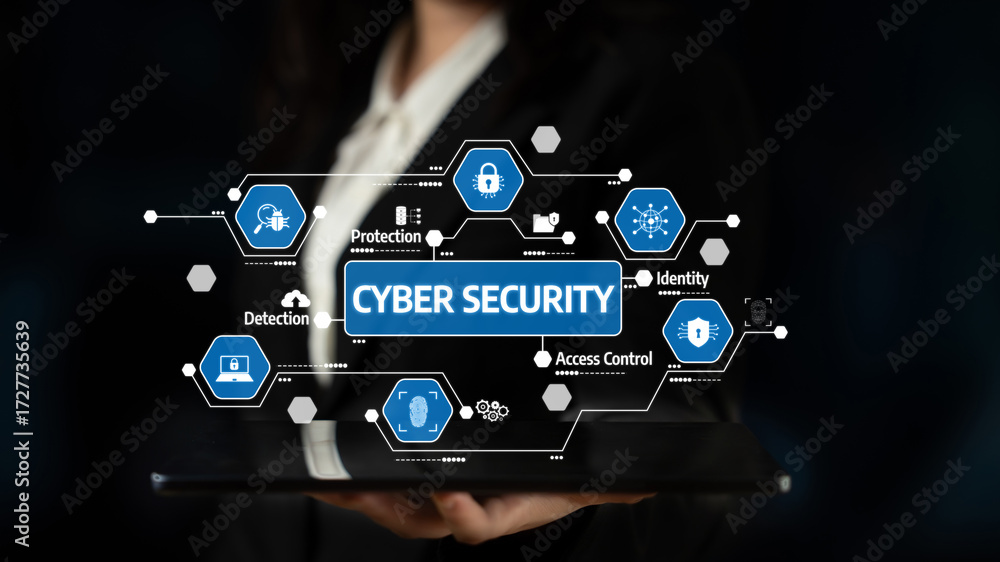 Poster a professional woman presents a tablet displaying various cyber security concepts. the image highlig