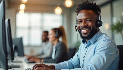 Smiling man wears headset talks via computer in busy call center office. Colleagues work nearby, assist customers with tech support. Positive team environment.