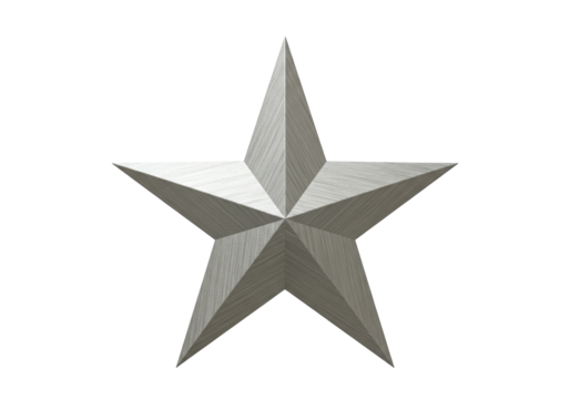 Silver five-pointed star isolated on transparent background, metallic star shape PNG
