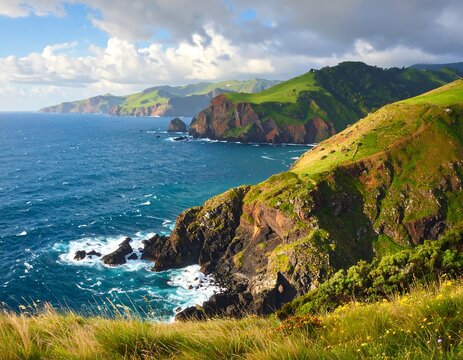 Coastal landscape with rugged volcanic cliffs and vibrant greenery - Powered by Adobe