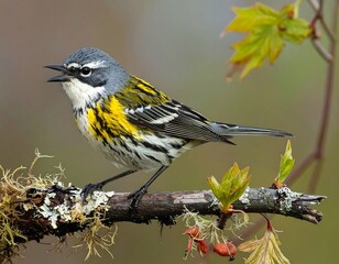 Close-up of a vibrant yellow and black warbler perched on a branch