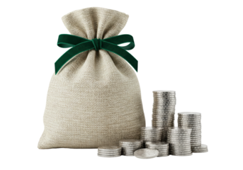 Money bag with green ribbon and silver coins isolated, financial savings concept