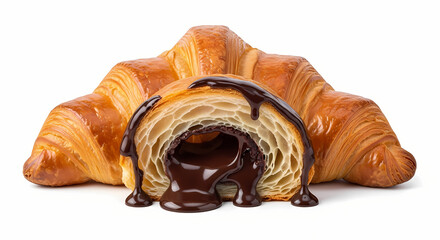 Chocolate croissant with molten filling in rich brown and golden hues on a clean white background for bakery advertising.