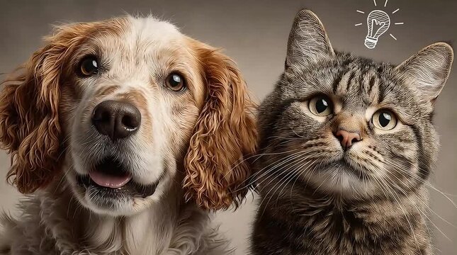 Happy Dog and Curious Cat with Lightbulb Illustration