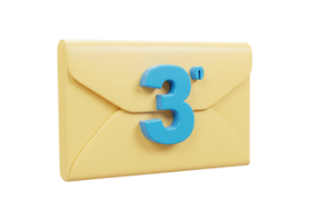 Yellow envelope with blue number three isolated PNG, email notification icon for social media
