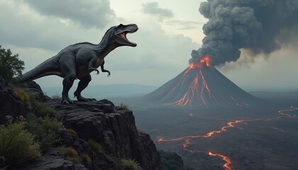 Megalosaurus roars from rocky cliff edge. Erupting volcano spews smoke and lava. Prehistoric landscape with ancient reptile and fiery mountain.