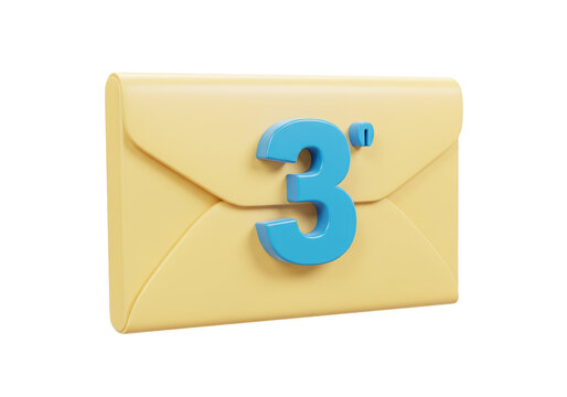 Yellow envelope with blue number three isolated PNG, email notification icon for social media - Powered by Adobe