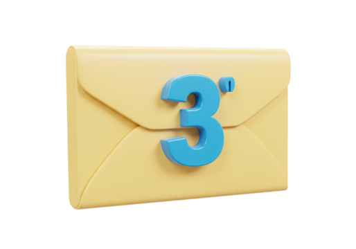 Yellow envelope with blue number three isolated PNG, email notification icon for social media