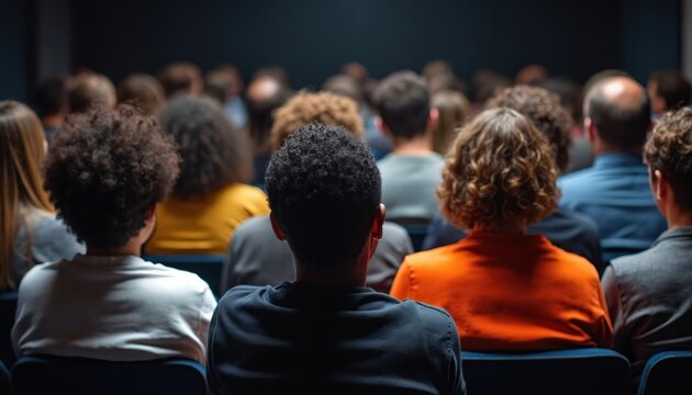 Audience faces away listening to presentation in dark auditorium. Diverse crowd at business event. People gathered for conference lecture, seminar, or talk.