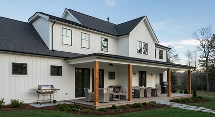 Exterior of a large modern farmhouse home white siding large front veranda porch with chairs and table wicker furniture bbq smoker electric heater gas fire place sunny and landscaped yard