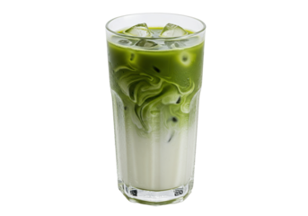 Iced matcha latte in glass isolated, refreshing green tea drink with milk and ice cubes