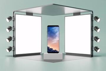 Fototapeta premium Smartphone display with two blank boards and spotlights on a stage with a light green background