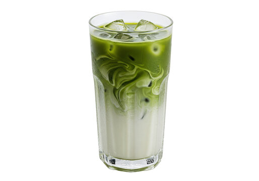 Iced matcha latte in glass isolated, refreshing green tea drink with milk and ice cubes