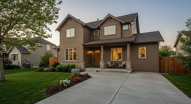 Nice curb appeal of two level house, mocha exterior paint and concrete driveway. View of cozy small porch