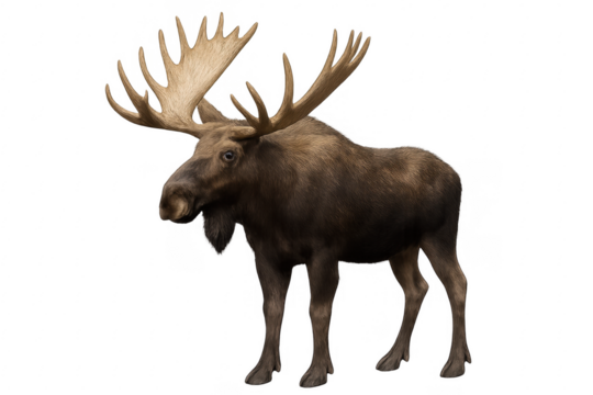 Standing bull moose with large antlers transparent background