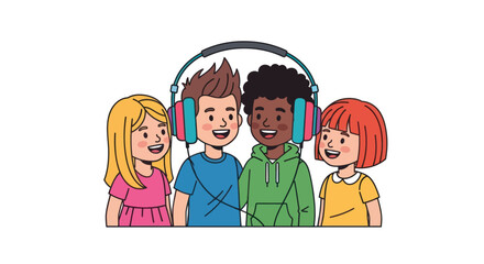 Diverse group of happy cartoon children holding colorful balloons.