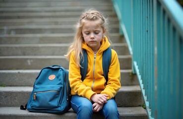 Lonely schoolgirl with blue backpack sits sadly on outdoor stairs after school. Unhappy child, emotional problem, victim of bullying, depression, social stress.