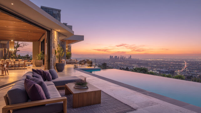 Luxurious Hilltop Mansion Terrace with Infinity Pool Overlooking the Vibrant Los Angeles Cityscape at a Breathtaking Sunset Hour, Epitomizing Exclusive Real Estate and High-End Lifestyle