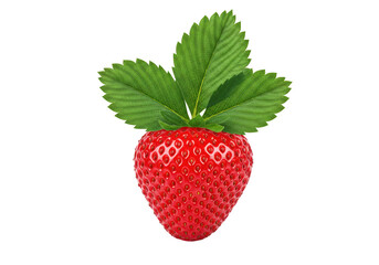 Fresh red strawberry with green leaves isolated on transparent background, healthy fruit PNG