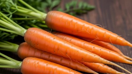 Freshly picked carrots with green tops on a dark wooden surface.