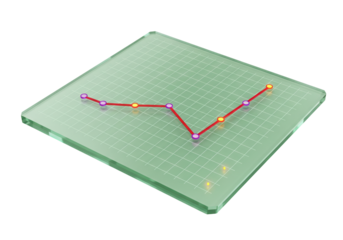 Red line graph on glass isolated on transparent background, business chart PNG