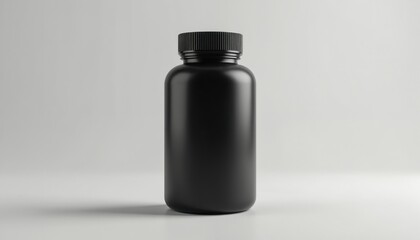 Sleek black supplement bottle stands on clean white studio surface. Minimalist matte container with ribbed cap is ready for product branding or packaging design mockups.