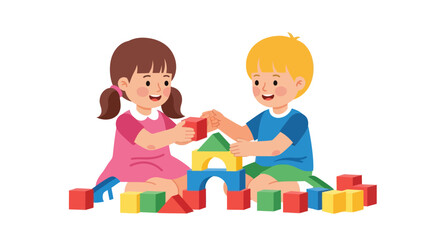 Happy young children playing with colorful building blocks together.