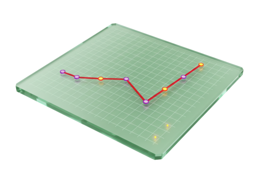 Red line graph on glass isolated on transparent background, business chart PNG
