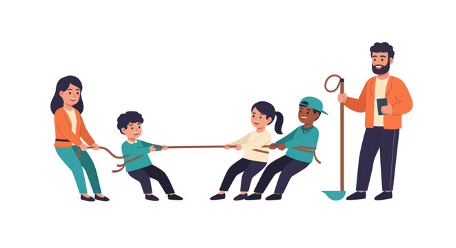 Diverse group of children and adults engaged in a lively tug-of-war game.