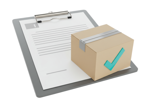 Cardboard box with check mark isolated on clipboard, delivery confirmation concept