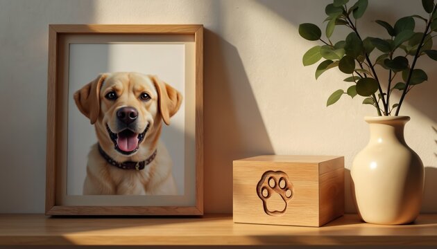 Framed photo of happy dog beside wooden pet urn with paw print. Plant in vase completes memorial. Symbolizes love loss grief remembrance closure and final farewell.