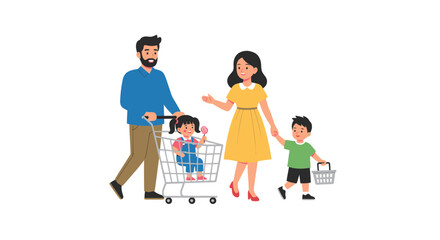 Family Shopping: Parents with Children and Shopping Cart.