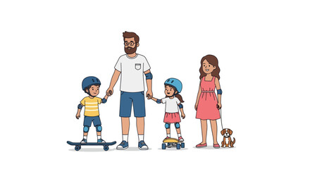 A cartoon illustration of a happy family with a dog enjoying a day of skateboarding and roller skating.