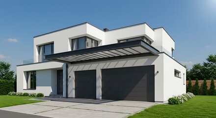 Exterior of modern luxury private house. Garage entrance. Canopy. Blue sky. Sunny day.