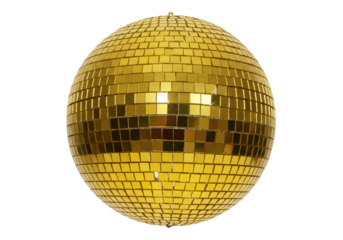 Golden disco ball isolated on transparent background, party decoration for dance floor