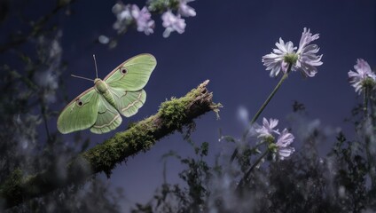 Delicate lime green moth amongst wildflowers