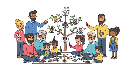 Diverse Cartoon Family Generations Gathered Around a Genealogical Tree.