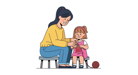 Mother and daughter happily knitting together learning a craft.