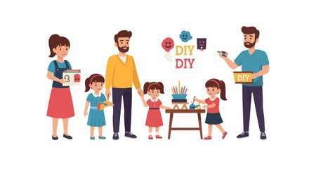 Family Enjoying DIY Crafts Together Creating Art Projects.