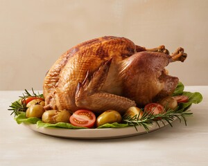 A roasted turkey on a platter with tomatoes potatoes and rosemary ready to be served for dinner