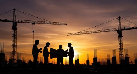 Fototapeta premium Sunset backdrop with silhouettes of builders at worksite.